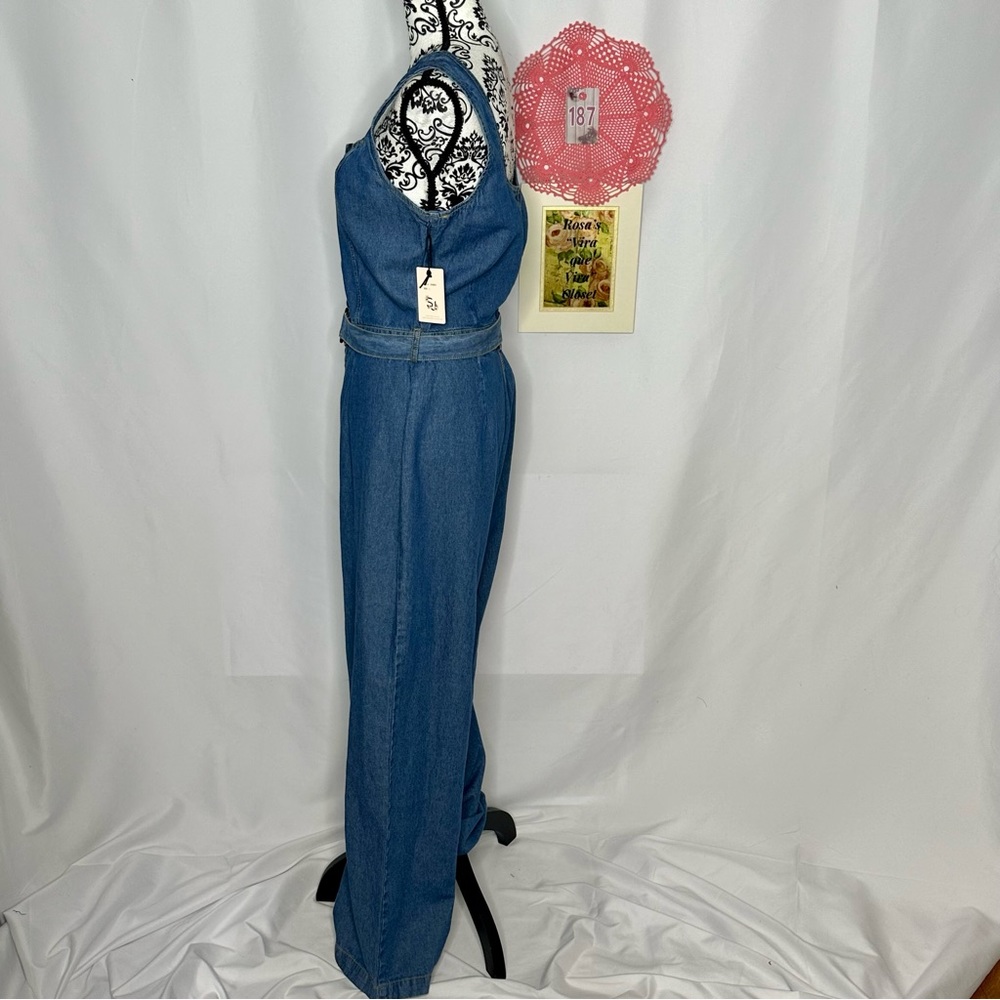 NWT Sincerely Jules Blue Jean Denim Button Down, Belted, & Wide Leg Jumpsuit L - Picture 3 of 13